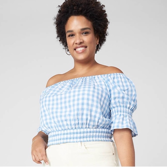Lane Bryant Blue and White Gingham Off Shoulder Crop Top 14/16 XL - Picture 1 of 12